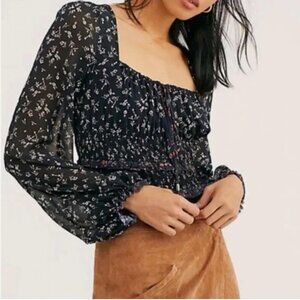 Free People Floral Black Lolita Long Sleeve Blouse Top - Size Medium